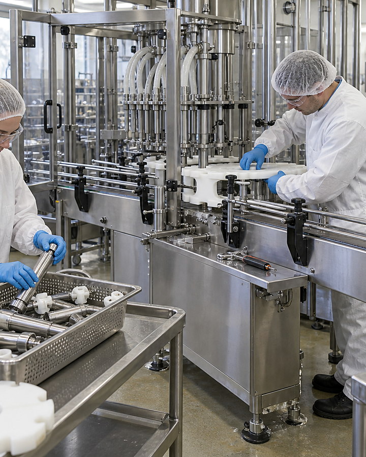 People in hair covers and gloves beside metal parts and machinery.