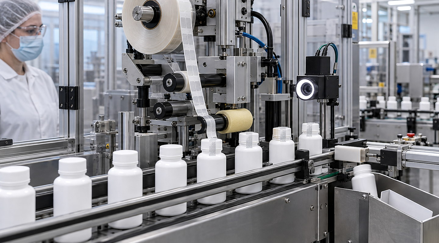 White bottles on rails beside machinery with a reel and rollers.