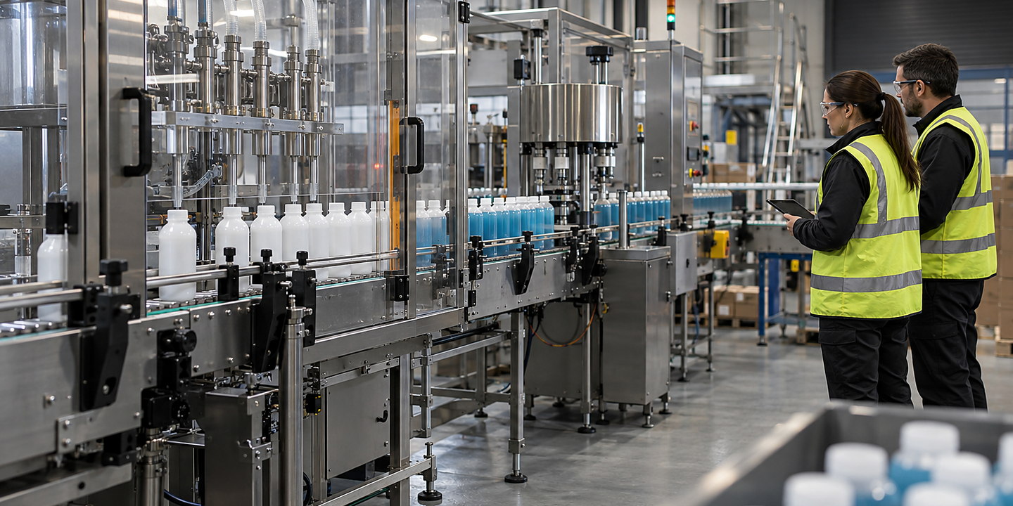 Bottles on a conveyor beside clear guards and machinery.