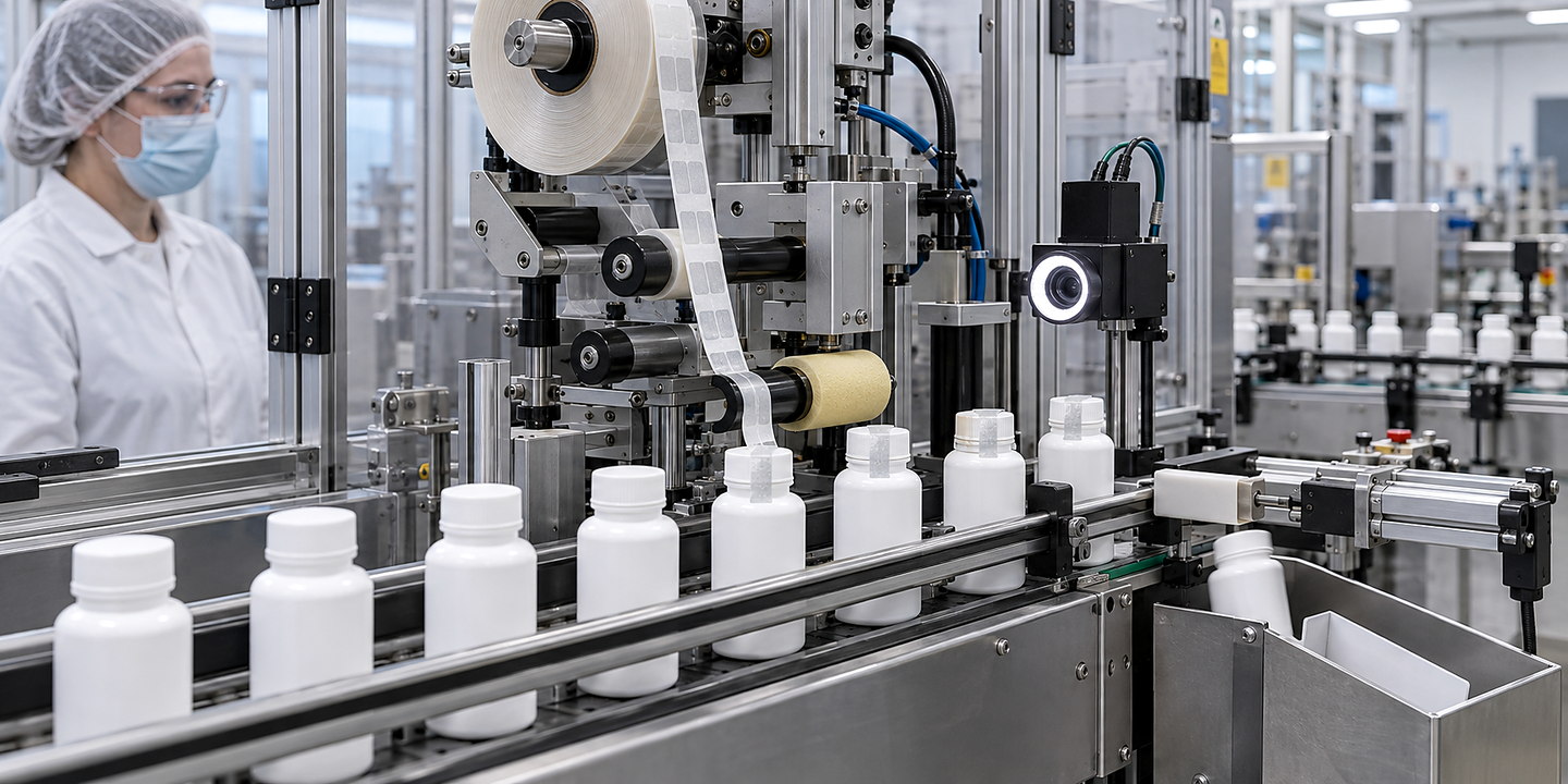 White bottles on rails beside machinery with a reel and rollers.